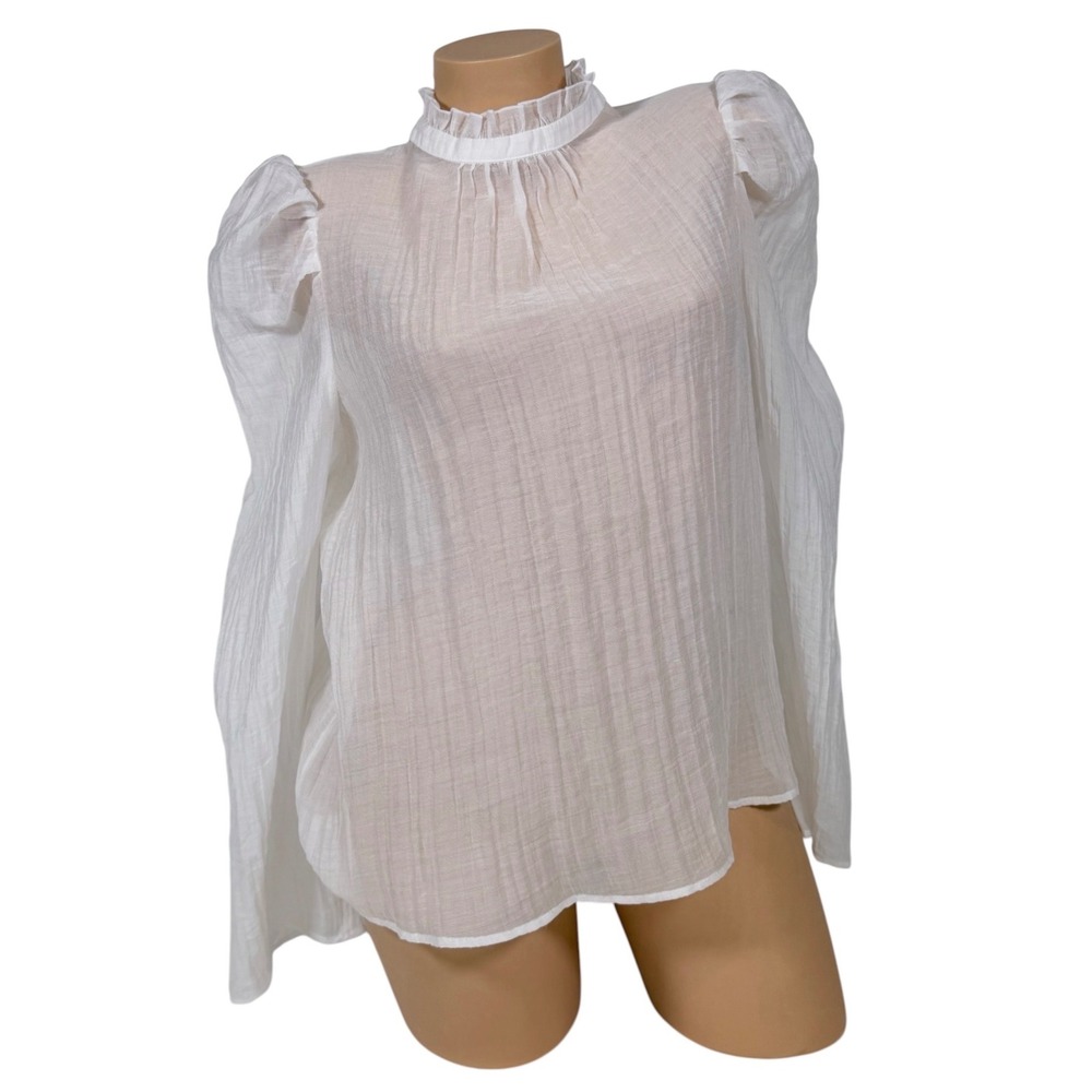 Maeve Anthropologie White Ruffle High Neck Puff Sleeve Sheer Blouse Medium NEW